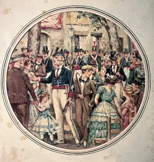 Barcelonese Prints: Spain (1840). Allegory of the Corpus Procession of the cathedral of Barcelona with Mossos d'Esquadra