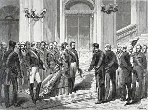 Madrid Prints: Spain (1871). The king Amadeo I of Savoy and the queen Mara Victoria entering into the palace (Madrid)