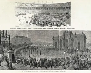 Spain (1873). First Republic. Occupation by the government troops of the surroundings of the bullfighting ring of Madrid (23rd April 1873). Published in "L'Illustration