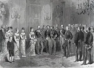 Attire Prints: Spain (1878). Ceremony of engagement of the princess Mercedes at the white hall of the San Telmo Palace in Sevilla
