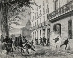 Assassination Prints: Spain (1884). Barcelona. Explosion of a grenade at0 Rambla Santa Mnica
