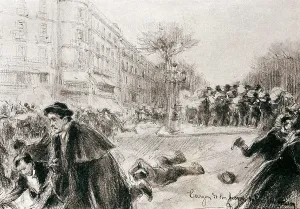 Spain (1902). General strike in Barcelona (March 1902). The Civil Guard shooting against the strikers in Rambla Catalunya. Drawing. AISA/Everett Collection**US SALES ONLY**