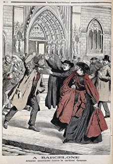 Assassination Prints: Spain (1905). Anarchist attack against cardinal Casaas in front of the cathedral of Barcelona