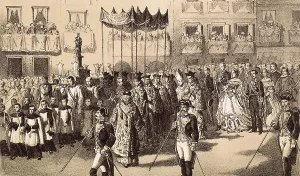 Aisamisc0220 Prints: Spain (19th c.). The kings of Spain Isabella II and Francis at the procession of El Pilar in Saragossa