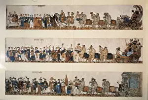 Litography Prints: Spain (19th c.). Parade to pay tribute to the arrival of Fernando VII to Barcelona (1827)