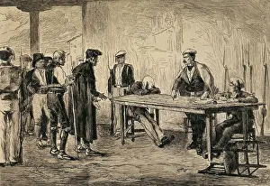 Spain. Carlist Wars. Catalonia. Carlist squad imposing taxes to several mayors. Engraving. SPAIN. Madrid. National Library. AISA/Everett Collection**US SALES ONLY**