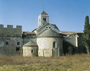 SPAIN. CATALONIA. GERONA. Vilabertran. Monastery of Santa Maria. Monastery of Santa Maria (Romanesque, 11th-12th c.). Apses and bell tower. Romanesque art