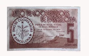 Currency Prints: Spain. Civil War (1936-1939). 5 cents note issued by the Union de Cooperadores of Barcelona (September 1936)