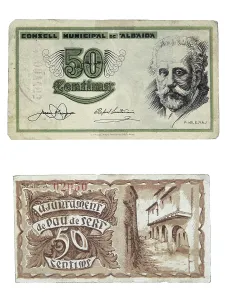 Currency Prints: Spain. Civil War (1936-1939). 50 cents note issued by the towns of Albaida and Pau de Sert (Santa Pau)
