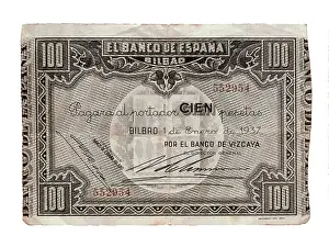 Stamps Prints: Spain. Civil War (1937). 100 pesetas bill issued by the Bank of Spain in Bilbao