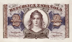 Republics Prints: Spain. Civil War. 2 pesetas bill (1938)