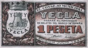 Note Prints: Spain. Civil War. One peseta bill issued by the Yecla town council (July 1937)