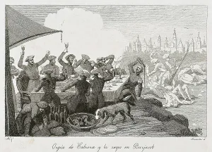 Valencians Prints: Spain. First Carlist War. Orgy of Cabrera and his carlist troops in Burjassot (1937)
