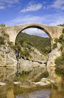 Gerona Prints: SPAIN. GERONA. Garrotxa. Bridge over Llierca River - 14th Century
