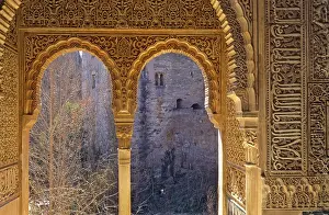 SPAIN. Granada. Alhambra. Inside decoration of Tower of Picos. View of the walls. Hispano-Moresque art. Nasrid dynasty