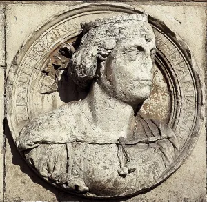 SPAIN. Len. Hospital de San Marcos (St. Mark's Hospital). Medallion on the faade with the portrait of Isabel I the Catholic. Renaissance art. Plateresque. Relief on rock