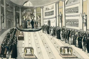Spain. Liberal Triennium. Ferdinand VII swears the Constitution at the Assembly Hall of the Royal Palace (9th July 1820). Etching. SPAIN. Madrid. Municipal Museum