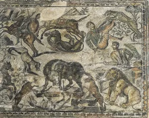 SPAIN. Pedrosa de la Vega. Roman Villa La Olmeda. Mosaic. The Hunt. Roman Art. 4th c. A.D. Roman art. Late Empire. Mosaic. AISA/Everett Collection (14412)**US SALES ONLY**