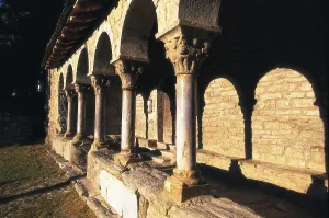 SPAIN. Queralbs. Sant Jaume de Queralbs. Church of Sant Jaume de Queralbs (12th c.). Detail of the portico of the faade. Romanesque art. Architecture