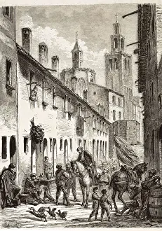 Carlists Prints: Spain. Second Carlist War. Carlist squad under Castells in a village of Catalonia