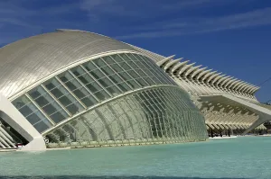 SPAIN. Valencia. City of Arts and Sciences. L'Hemisfric (foreground, 1998) and the Prince Felipe Science Museum (2000), buildings by Santiago Calatrava
