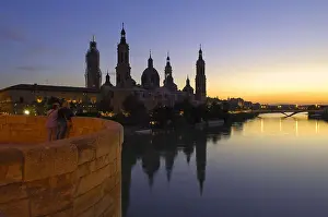 Aragon Prints: SPAIN. Zaragoza. Basilica of Our Lady of the Pilar and Ebro river from the Puente de Piedra (Stone Bridge)