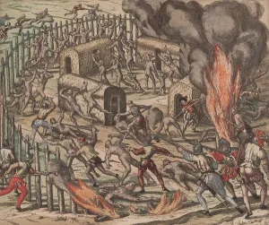 16th Century Prints: Spaniards attack a native American settlement