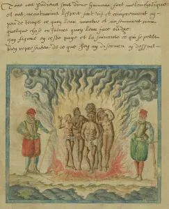 16th Century Prints: SPANIARDS BURN NATIVE AMERICANS, 1602, watercolor painting by Samuel de Champlain