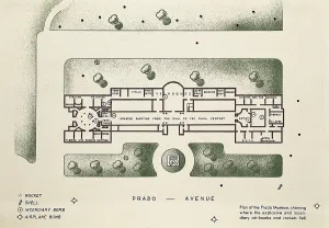 Museology Prints: Spanish Civil War (1936-1939). Map of the Prado Museum indicating where the bombs exploded