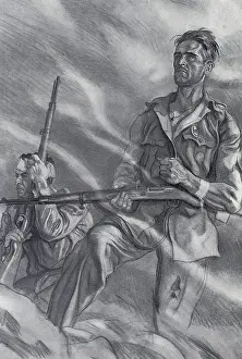Spanish Civil War (1936-1939). March of the southern columns to the front of Madrid (autumn 1936). Drawing by Carlos SAenz de Tejada. Drawing. - J