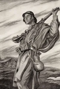 Saenz De Tejada Prints: Spanish Civil War (1936-1939). Nationalist soldier in front