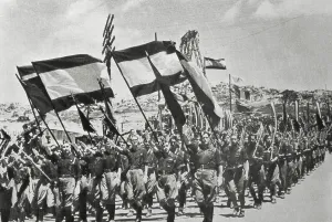 Totalitarian Prints: Spanish Civil War (1936-1939). Parade of a column of Falange in Alto de los Leones