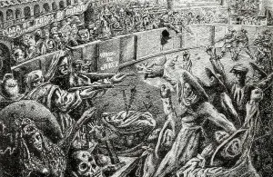 Militarism Prints: Spanish Civil War (1936-1939). Shhoting of farmers in the bullfighting ring of Badajoz