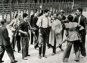Spanish Civil War. Assault of the republican militia on the Montaa Quarter in Madrid on 20th July 1936. Revolted officer telling to the militia that he's really antifascist