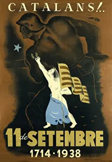 Spanish Civil War. "Catalans!... 11 de setembre 1714-1938" ( Catalan people!...11th September 1714-1938). Propaganda poster from the Republican side. 1938. Drawing