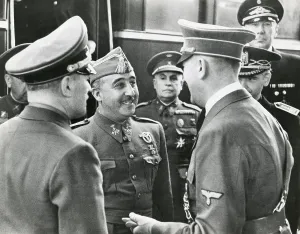 Falangists Prints: Spanish Fascist dictator Francisco Franco and Adolf Hitler meet for the first time