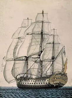 Watercolours Prints: Spanish ship 'Santisima Trinidad ' with 4 gundecks and 136 cannons