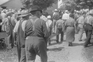 Suspenders Prints: Spectators at public farm auction, central Ohio, Aug. 1938. (BSLOC_2013_8_89)