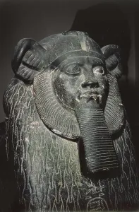 Sphinx Hyksos. 1854 -1809 BC. Detail of the head, sphinx depicting Pharaoh Amenemhat III. Egyptian art. Middle Kingdom. Sculpture on rock. EGYPT. Cairo. Egyptian Museum