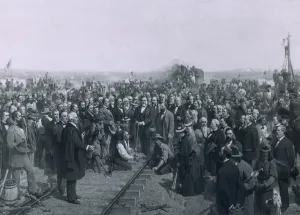 Train Tracks Prints: THE LAST SPIKE 1881 a painting by Thomas Hill depicts the ceremony held at Promontory Point Utah on May 10 1869 marking