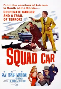 Police Prints: SQUAD CAR, center background, with gun drawn: Paul Bryar; top right