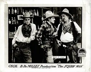 Roberts Prints: THE SQUAW MAN, l-r: Eliott Dexter, Jack Holt, Theodore Roberts on lobbycard, 1918