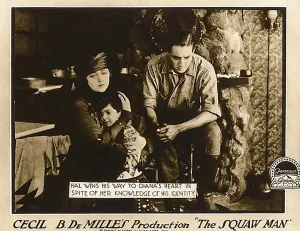 Katherine Prints: THE SQUAW MAN, l-r: Katherien MacDonald, Pat Moore, Elliott Dexter on lobbycard, 1914