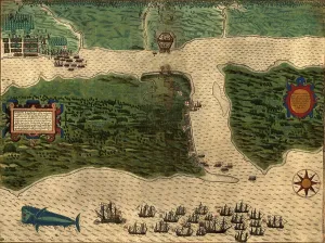 New Spain Prints: St. Augustine, Florida, showing Sir Francis Drakes ships attacking the Spanish fortifications