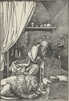 Curtains Prints: St. Jerome in his Study, by Albrecht Durer, 1511, German print, wood engraving