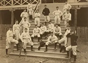 Players Prints: St. Louis Perfectos baseball club players standing and sitting on stairway to grandstand 1899
