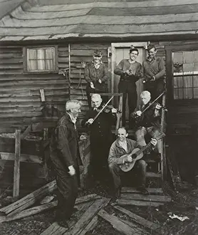 Folk Music Prints: Staged hoedown in Pennsylvania with anthracite miners playing fiddles and a guitar