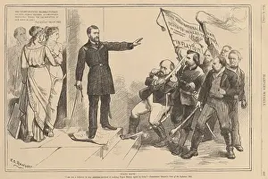 Wood Engraving Prints: Stand Back. A uniformed President Ulysses Grant obstructs politicians who protest his veto of the Ferry Bill