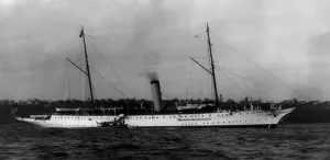 Mayflower Prints: Starboard view of the presidential yacht Mayflower with bow to right