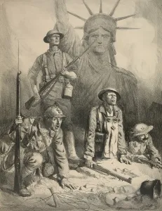 Patriotism Prints: Statue of Liberty and an American soldier behind Allied soldiers in WW1